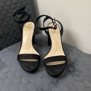 Satin black strapy heel